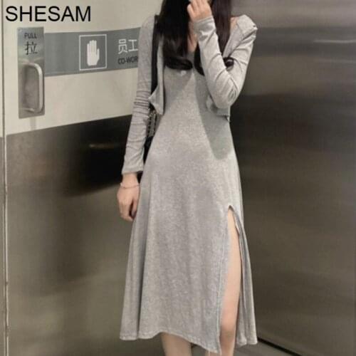 Sexy Women Dress Spring And Autumn Korean Version 2021 New Waist Thin Split Length Chic Sweet Salt Sling Dresses