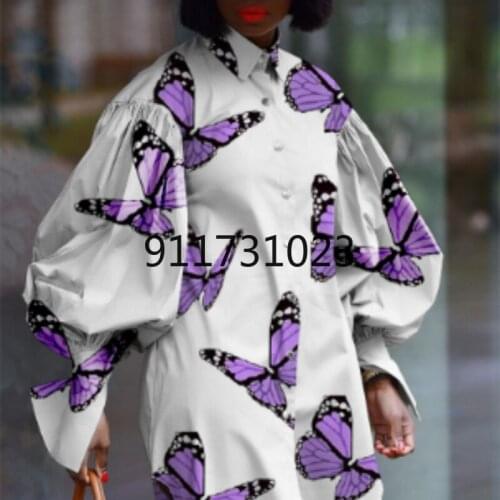 2021 Fashion Shirt Dress Lantern Sleeve Curve Print Womens Casual Loose Long Shirt Plus Size 4XL 5XL African Ladies Clothing