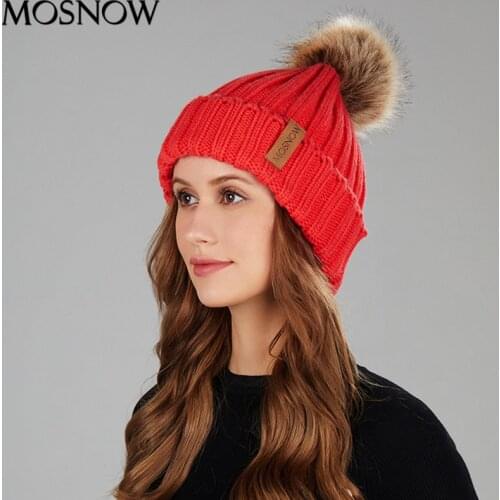 Winter Womens Hat Pompom Beanies Thick Warm Knitted Hat Solid Leather Label Casual Cap Autumn Girl Fashion Bonnet For Adult