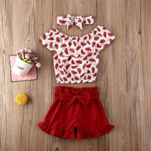 Toddler Baby Girl clothes off shoulder pullover Watermelon Print Tops solid Bandage Ruffle Shorts bow Headband 3pc