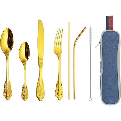 8Pcs/set Dinnerware Gold Reusable Travel Cutlery Set Camp Utensils Set with stainless steel Spoon Fork Straw Portable case