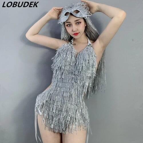 Silver Crystal Tassel Backless Bodysuit Black Fringes Bikini Wig Mask Headgear Dance Outfit Sexy Bar Nightclub DJ Singer Costume