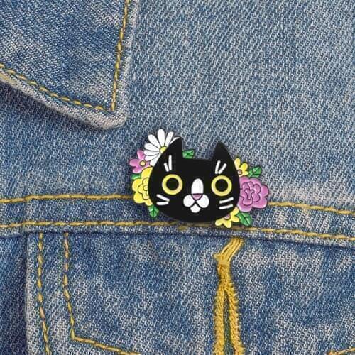New fashion cute black big eyes cat brooch beautiful colorful flower coat denim outerwear brooch jewelry trend small gift