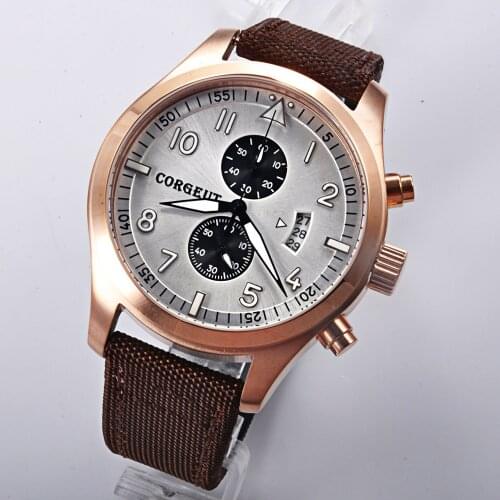 Corgeut 46mm white dial rosegold PVD Case Full Chronograph men quartz wrist watch