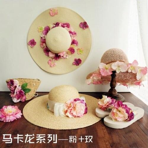 HAHAFLOWERflower shoes bride Flower slippers beach flip flop straw hat, flower straw hat rhinestone pearl bag sets