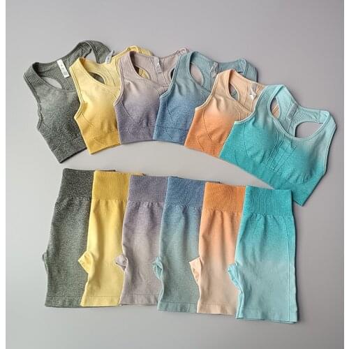 2PCS Ombre Yoga Set Seamless Sport Short+Sports Bra Crop Top Women Running Gym Clothing High Waist Fitness Sport Suit Sportswear