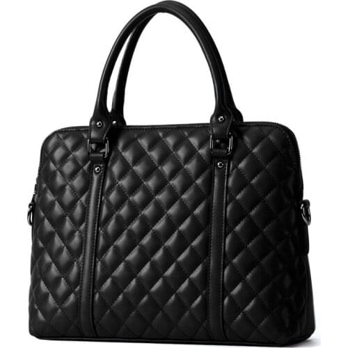 Fashion Womens Black Handbag Cow Leather Briefcase Bag New Women 14 Inch Genuine Leather Laptop Bags Female Diamond Lattice Bag