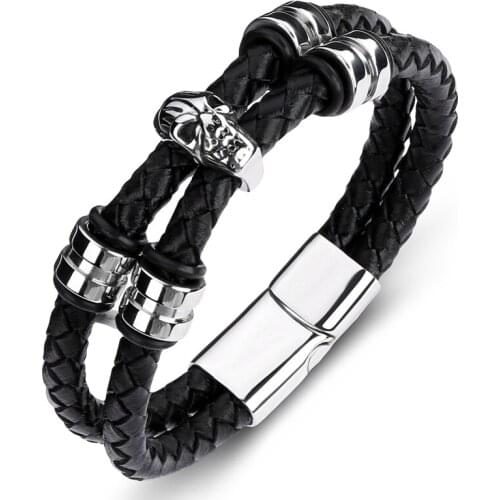 MOZO FASHION 2020 Men Bracelet Black Genuine Leather Skeleton Stainless Steel Magnet Buckle BHigh Quality Skull Jewelry Gifts099