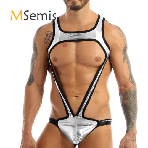 MSemis Men Open Butt Sexy Underwear Lingerie Bodysuit Metallic Body Chest Harness Strap Bulge Pouch Jockstrap Mankini Swimwear