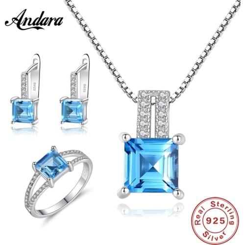 925 Sterling Silver Jewelry Sets Fashion Sky Blue Gem Stone Pendant Necklace Earrings Ring Sets for Woman Luxury Jewelry