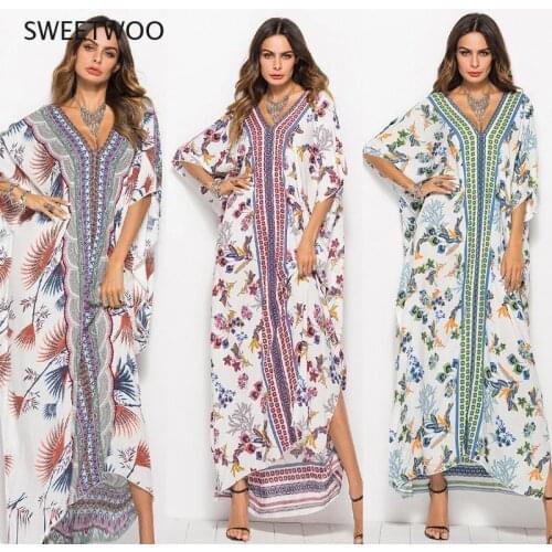 New Printed Bohemian Women Maxi Dress Batwing Sleeve Holiday Beach Wear Fashion Muslim Abaya Dubai Arabic Moroccan Robe