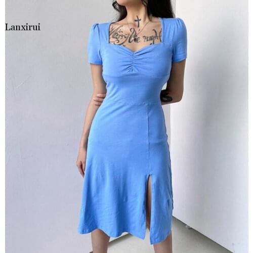 New Women 's Summer French Dress Sexy Short Square Neck Slim Black Long Dresses A-Line Party Dress