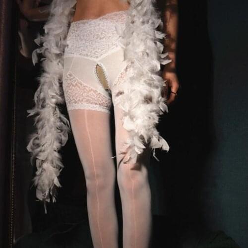 Sexy Women Cross Lace Waist Top Sheer Crotchless Glossy Elastic Slim Pantyhose Tights Open Crotch Stockings Panties Nylon Socks