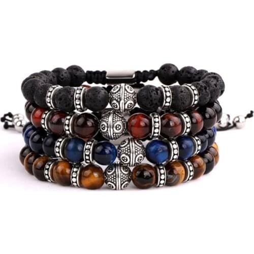 Drop Shipping Men Jewelry Natural Stone Beads A Grade Tiger Eye Tibetan silver Charms Macrame Bracelet Men