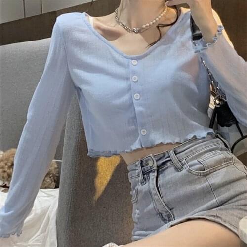 V Neck Knitwear Stringy Selvedge Knitted Sweater Thin Simple Short Casual Sports Pure Color Long-Sleeve All-Match High-Quality