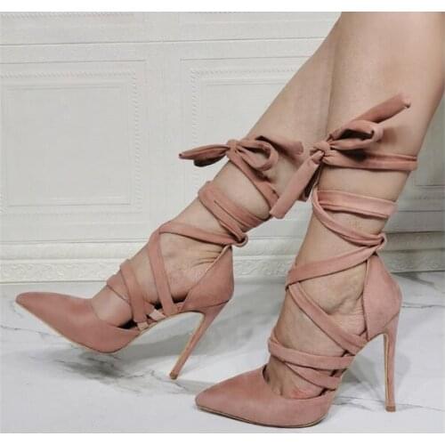 Dipsloot New Ladies Fashion Light Pink Suede Cross Lace Up Pointed Toe Pumps Woman Stiletto Heels Shallow Cuts Out Party Shoes