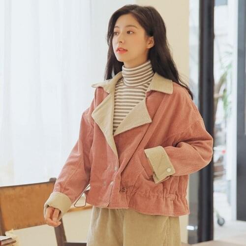 Spring model of the new color matching short coat lapels waist tide corduroy jacket