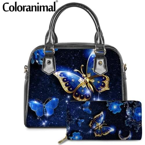 Coloranimal New Arriver Bule Butterfly Print Women Shoulder Tote Handbags 2pcs/set PU Leath Storage Bag&Purse sac main