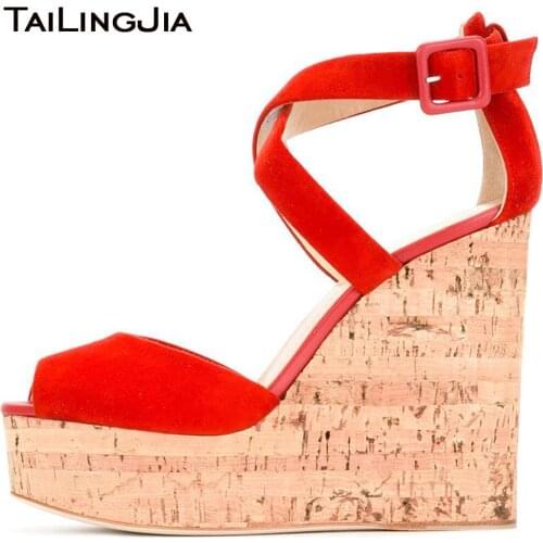 Women Red Faux Suede Cork Wedge Sandals Peep Toe Supper High Platforms Dress Heels Ladies Summer High Heel Shoes Plus Size 2018