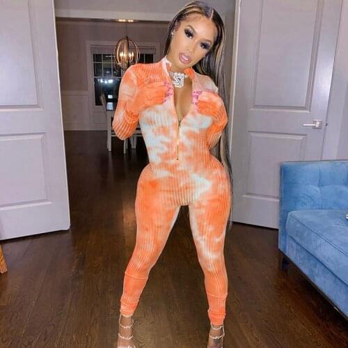 Tie Dye Print Jumpsuit Women Elegance Long Sleeve Front Zipper One Piece Sexy Bodycon Jumpsuit Pants Club Romper Women Plus Size