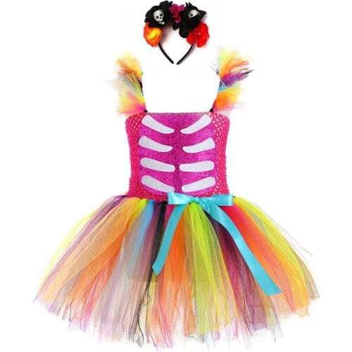 Girls Sequins Halloween Skull Cosplay Costumes Tutu Dresses for Childrens Sling Rainbow Knee Length Dress with Flower Headband