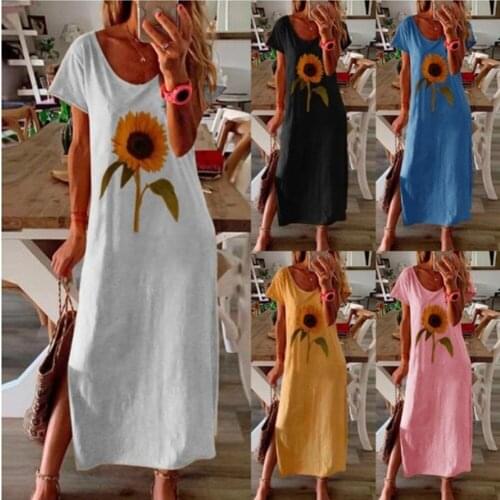 Summer Beach Maxi Dresses Women Sunflower Print Boho Long Dress 2021 Casual Short Sleeve O-Neck Split Party Vestidos Robe Femme