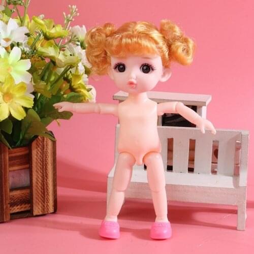 17cm 13 Moveable Joints Figure DIY Nude Female Body Doll with Big Eyes Wig Shoes 77HD