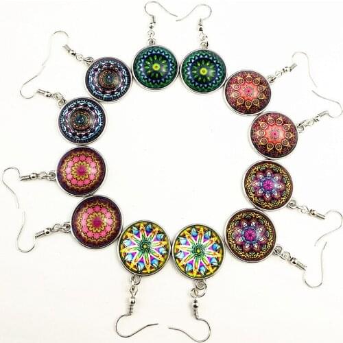 Jiangzimei 24pairs mix 12 styles Mandala Indian Buddhism Retro French ear hook, black wood Glass earrings;dangler for girl women
