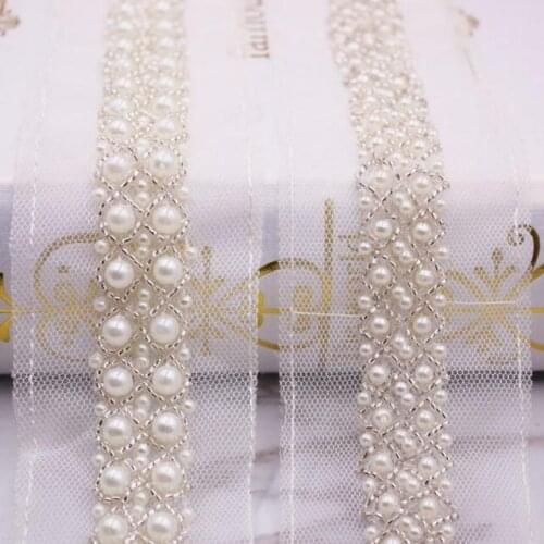 50Yards 2cm Fake Pearl Beaded Lace Trim Vintage Mesh Fabric Paillette Lace Beaded Pearl Trim Braid Lace Applique For DIY Craft