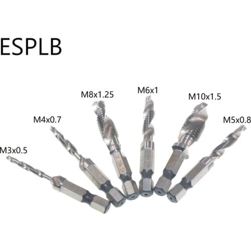 ESPLB 1/4'' Hex HSS Drill Bit M3 M4 M5 M6 M8 M10 High Speed Steel Thread Screw Spiral Metric Plug Drill Bits Tap 6pcs/Set
