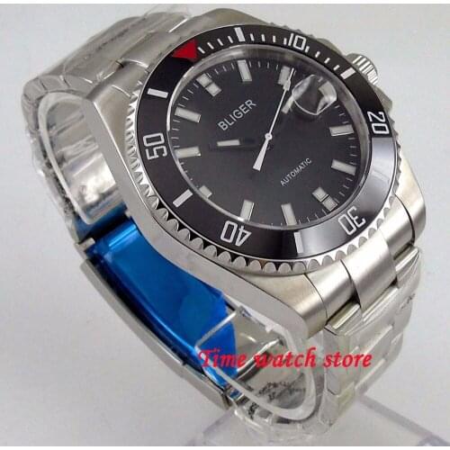 BLIGER 43mm mechanical auto watch men waterproof stainless steel black dial ceramic bezel sapphire date 21 jewels Miyota wrist