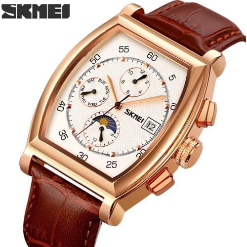 SKMEI Automatic Watch Men Luxury Fashion Leather Mechanical Watches Date Week Wristwatch Original Brand Moon Phase Clock Hour