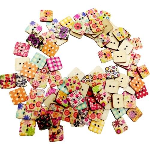 100 Pieces Printed Heart Flower Square Shape 2 Holes Buttons Wooden Buttons for Sewing Crafts Scrapbooking