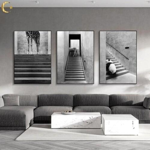 Canvas Painting Panda Giraffe Flamingo On Stairs Wall Art Black White Nordic Posters and Prints Pictures for Home Decor