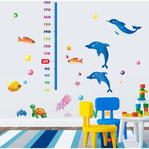 Cartoon Dolphin Fish Wall Sticker Removable Height Measure Growth Chart Wallpaper Kids Room Bathroom Glass Decoration Decals