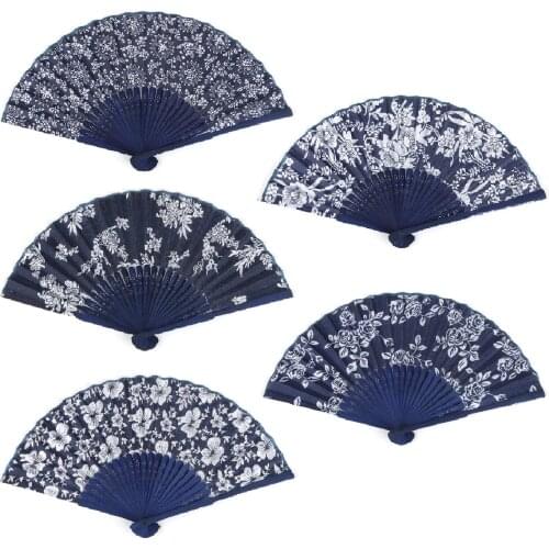 Chinese Female Folding Fan Handcraft Printing Flowers Blue Fabric Hand Fan With Dyed Blue Bamboo Frame Random Color 1pcs