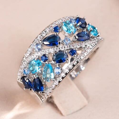 Classic Blue Crystal Zircon Rings for Women Gift Luxury Promise Wedding Engagement Bands Ring Statement Jewelry Lady Accessories