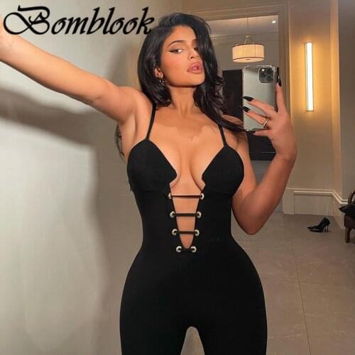Bomblook Sexy Party Club Jumpsuits Summer Female 2021 Solid Deep V-neck Backless Bandage Strap Jumpsuits Womens Streetwears