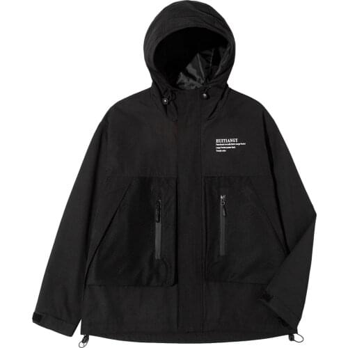 Techwear Patchwork Pockets Zipper Men Hip Hop Jackets Coats Outwear Streetwear Casual Autumn Winter Loose Cargo Hooded Outerwear