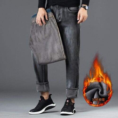 Mens Winter Gray Jeans Fleece Thick Warm Jeans Solid Color Casual Mens Straight Loose Long Jeans Pants High Quality Jeans 40