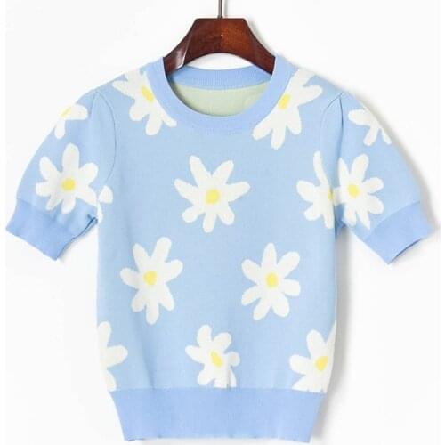 New Sky Blue Hit Color Puff Sleeve Knit Pullovers Sweet Fresh Kawaii O-neck Blouses for Women Elegant Tshirts Tee Woman Tops