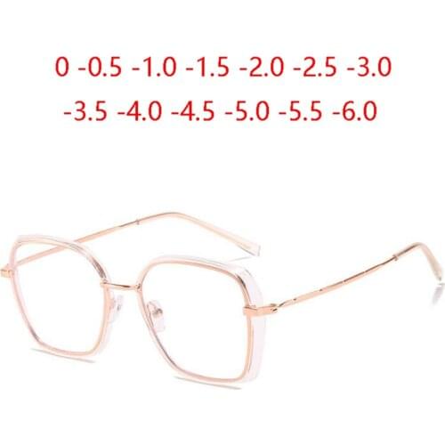 Gold Pink Frame Polygon Myopia Glasses Finished Women Men Metal Oversized Prescription Eyeglasses Diopter 0 -0.5 -1.0 To -6.0