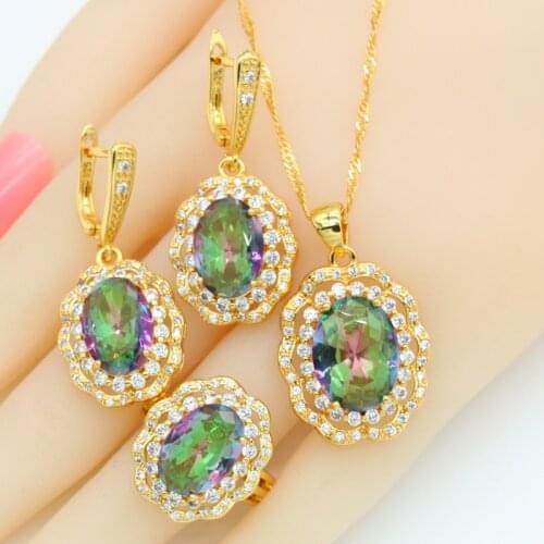 Geometric Gold Color Jewelry Set for Women Rainbow Green Semi-precious Earrings Necklace Pendant Rings Gift Box