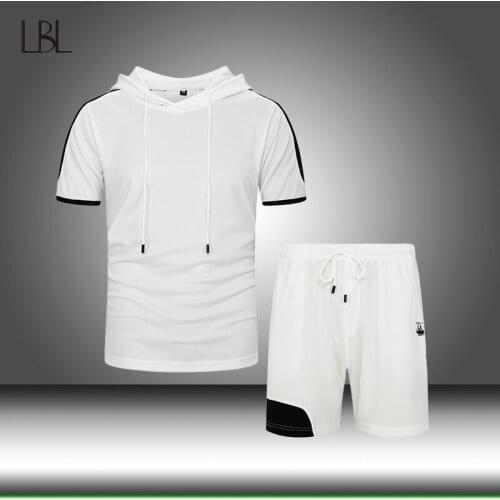 Casual Men Tracksuit Sets Summer Solid Slim Fitness Mens Sportswear Breathable T-shirts+Shorts Two Pieces Sport Suits Clothing