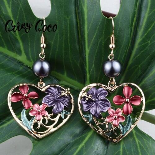 Cring Coco Enamel Heart Drop Earrings Gold Plated Hawaiian Hibiscus Flowers Earing 2021 Fashion Pearl Ear Rings for Women Luxury