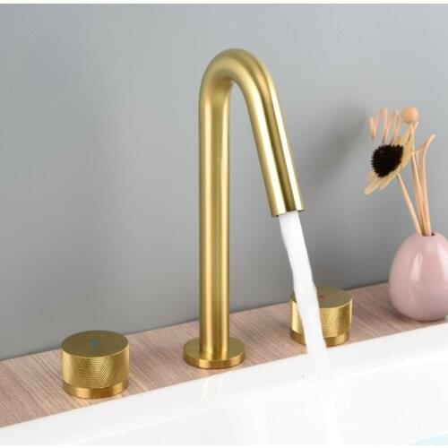 Light luxury Brushed gold brass bathroom sink faucet copper three holes cold hot basin mixer faucet top quality tap faucet
