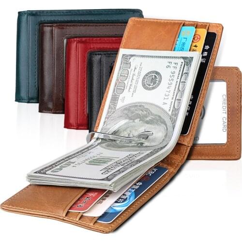 Slim Genuine Leather Men Money Clip Wallet Billfold Rfid Male Bill Dollar Purse Female Card Case Cash Holder Red Clamp for Women