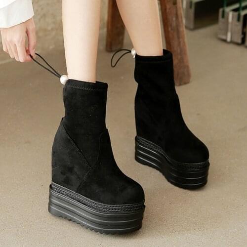 Winter Fall Platform Compact Black Boots High Heels Shoes Women Mid Calf Boots For Woman Suede 2021 New Suede Thick Sole