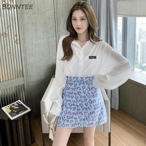 Women Sets Turn-down Collar Solid Long Sleeve Shirts Leopard Mini High Waist Zipper Skirts Elegant Ladies Casual Chic Fashion