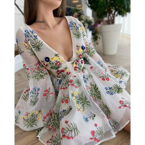 Women Lantern Sleeve Grid Floral Embroidered Dress Sweet V Neck Boho Holiday Dresses